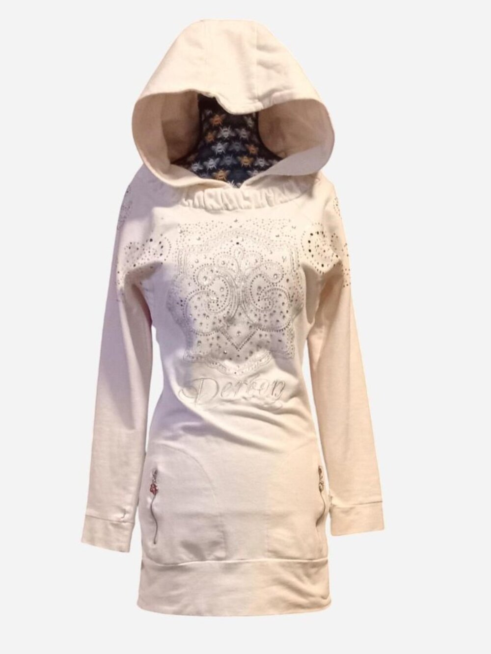 White Dereon hoodie with silver embroidery and rhinestones